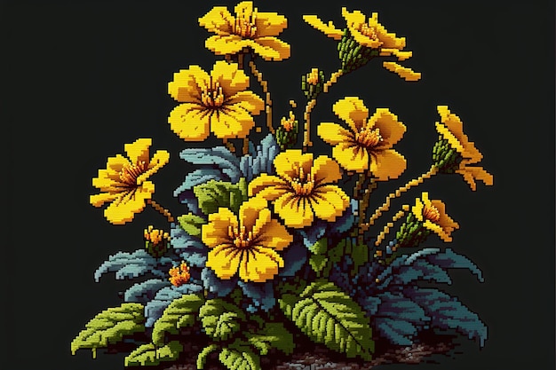 Pixel art yellow flowers flower in retro style for 8 bit game Generative AI