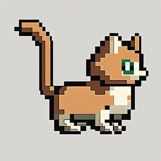 Photo pixel cat with green eyes and tail standing on a gray surface generative ai