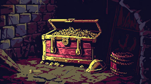 Photo pixel chest style jewelry cross gold pirates treasure computer rpg reward dungeon character game generated by ai