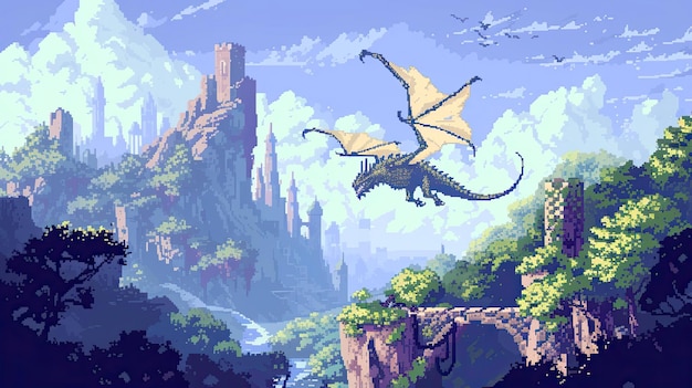 Pixel dragon Style fang monster character game monster fantasy fire wings snake flame fairy tale princess head snake lizard scales knight Generated by AI