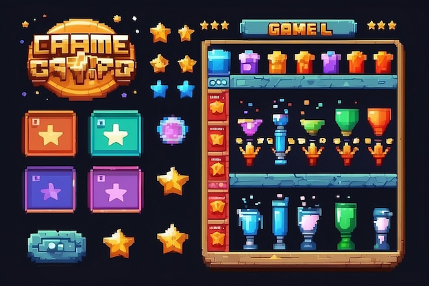 Foto pixel game win screen coppe e stelle accanto agli indicatori di salute ed esperienza interfaccia per platformer