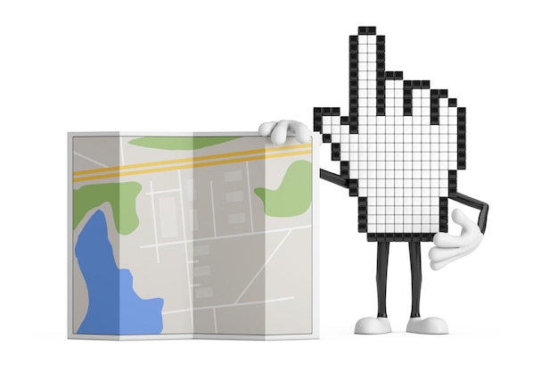 Pixel Hand Cursor Mascot Person Character with Abstract City Plan Map 3d Rendering