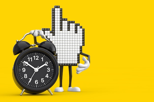 Pixel hand cursor mascot person character with alarm clock 3d rendering