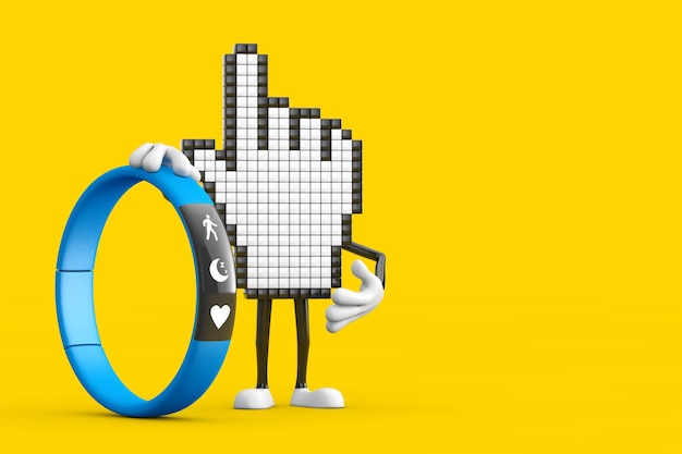 Pixel Hand Cursor Mascot Person Character with Blue Fitness Tracker 3d Rendering