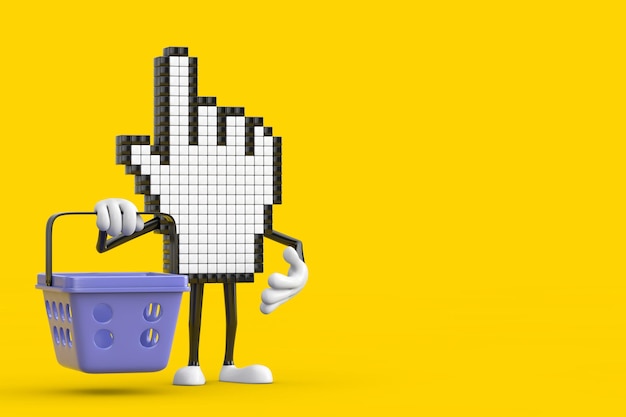 Pixel Hand Cursor Mascot Person Character with Cartoon Shopping Basket 3d Rendering