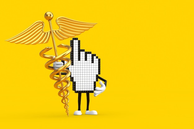 Personaggio mascotte del cursore della mano pixel con rendering 3d del simbolo del caduceo medico dorato