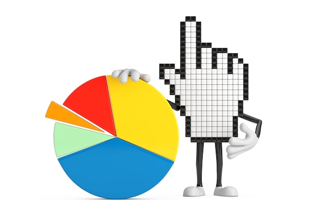 Photo pixel hand cursor mascot person character with info graphics business pie chart 3d rendering