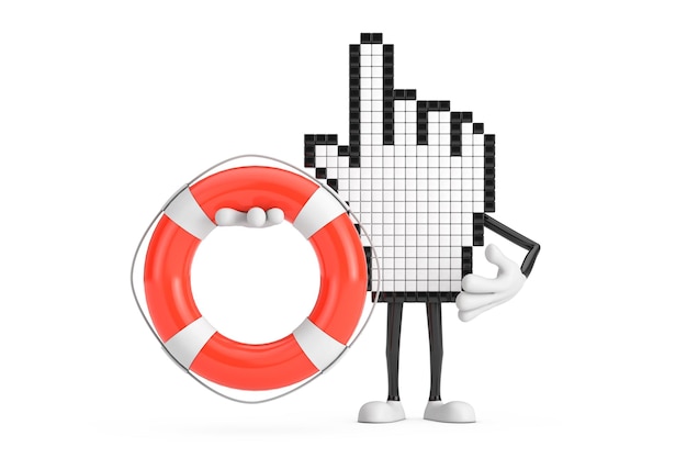 Pixel Hand Cursor Mascot Person Character with Life Buoy 3d Rendering