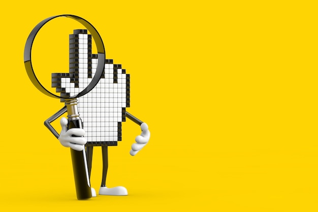 Pixel hand cursor mascot person character with magnifying glass 3d rendering