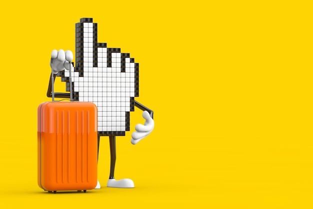 Pixel Hand Cursor Mascot Person Character with Orange Travel Suitcase 3d Rendering