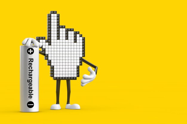 Pixel hand cursor mascot person character with rechargeable\
battery 3d rendering