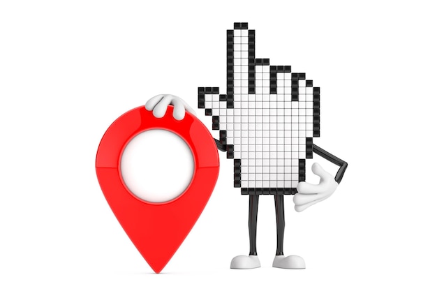 Pixel Hand Cursor Mascot Person Character with Red Map Pointer Target Pin 3d Rendering