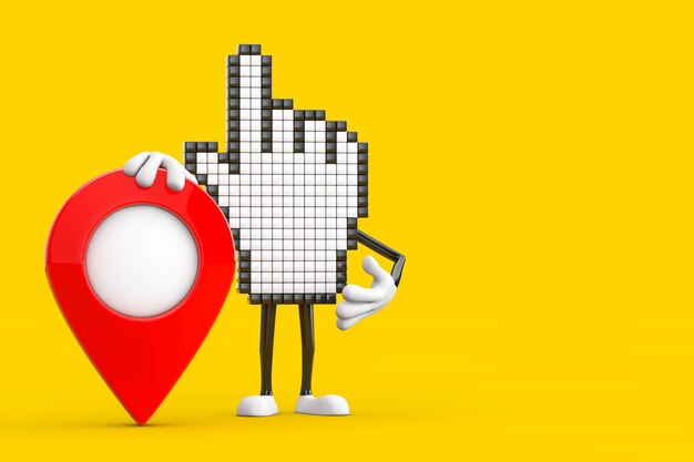 Pixel Hand Cursor Mascot Person Character with Red Map Pointer Target Pin 3d Rendering