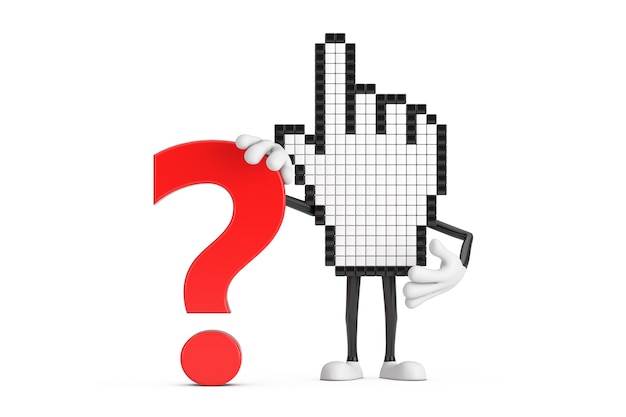 Photo pixel hand cursor mascot person character with red question mark sign 3d rendering