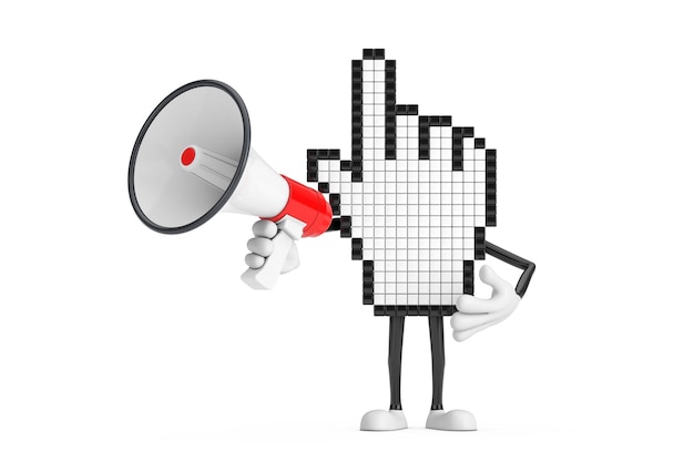 Pixel Hand Cursor Mascot Person Character with Red Retro Megaphone 3d Rendering