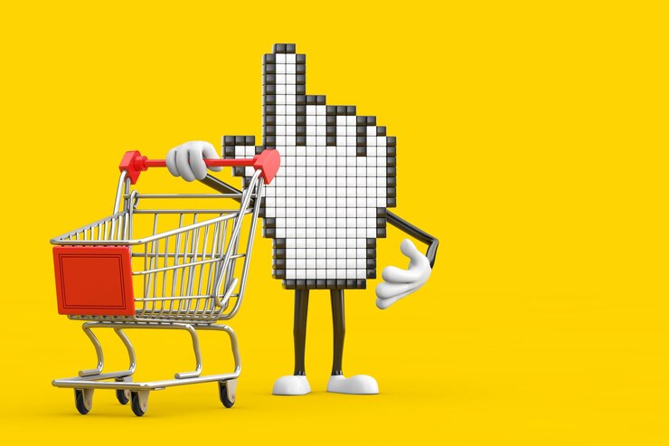 Photo pixel hand cursor mascot person character with shopping cart trolley 3d rendering