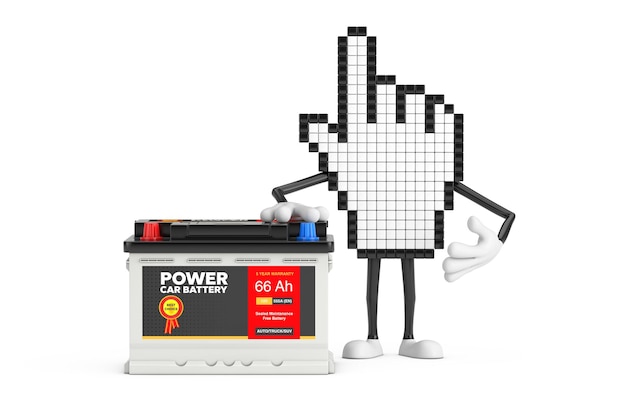 Pixel Hand Cursor Mascotte Persoon Karakter en Oplaadbare Auto Batterij 12V Accu met Abstracte Label 3D-rendering