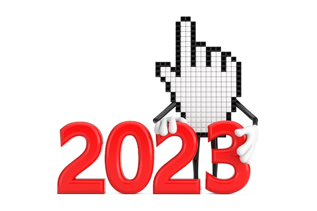 Pixel Hand Cursor Mascotte Persoon Karakter Met 2023 Nieuwjaar Teken 3D Rendering