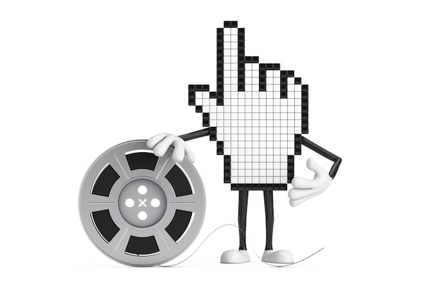 Pixel Hand Cursor Mascotte Persoon Karakter met Film Reel Cinema Tape 3D-rendering