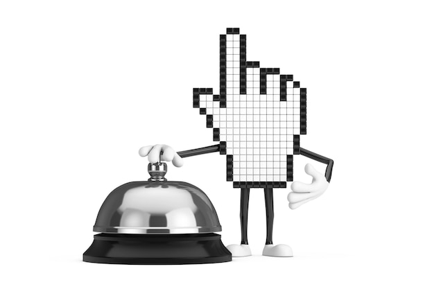 Pixel Hand Cursor Mascotte Persoon Karakter met Hotel Service Bell Call 3D-rendering