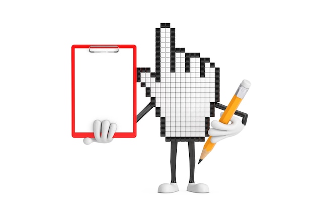 Pixel Hand Cursor Mascotte Persoon Karakter met Rood Plastic Klembord Papier en Potlood 3D-rendering
