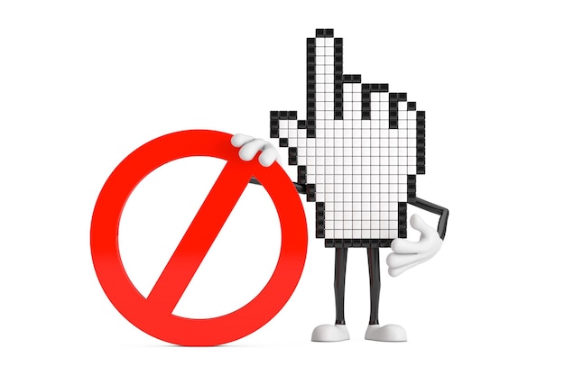 Pixel hand cursor mascotte persoon karakter met rood verbod of verboden teken 3d-rendering