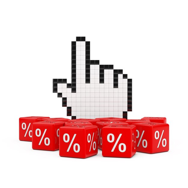 Pixel Hand Pointer Cursor with Heap of Discount Sale Percent Cubes 3d Rendering