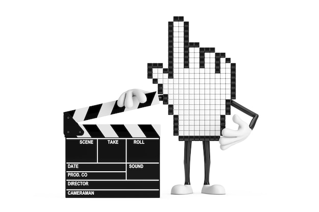 Pixel handcursor mascotte persoon karakter met film klepel bord 3D-rendering