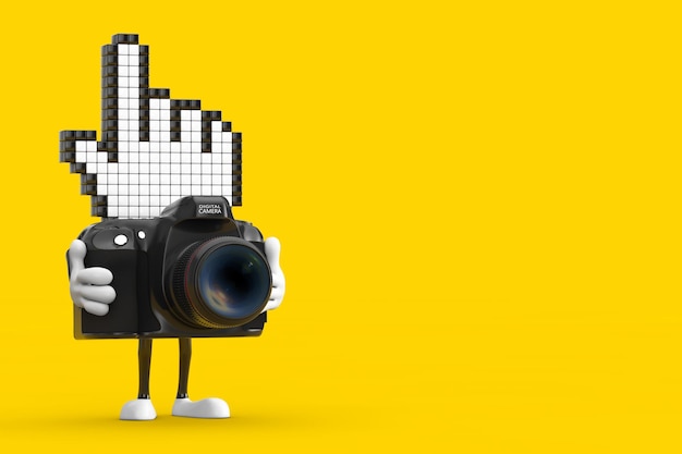 Pixel handcursor mascotte persoon karakter met moderne digitale fotocamera 3D-rendering