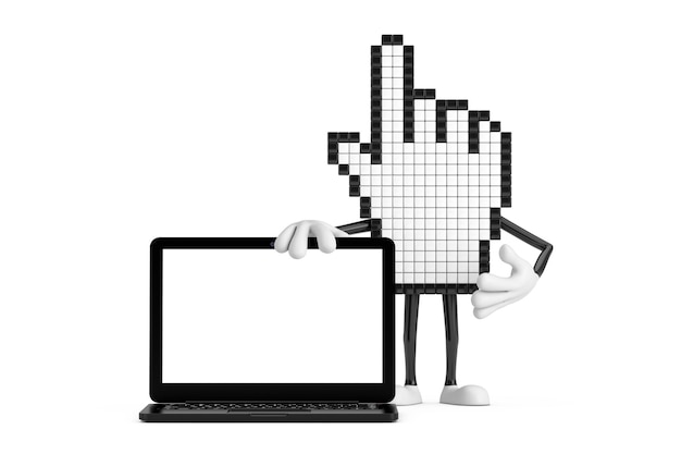 Pixel handcursor mascotte persoon karakter met moderne laptop computer notebook en leeg scherm voor uw ontwerp 3d-rendering