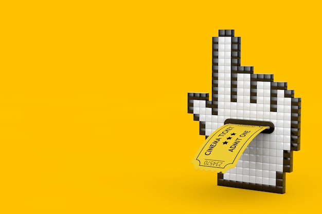 Pixel Handcursorpictogram met gele bioscoopkaartje 3D-rendering