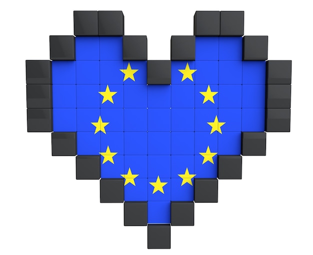 白い背景の上の欧州連合旗としてのピクセルハート