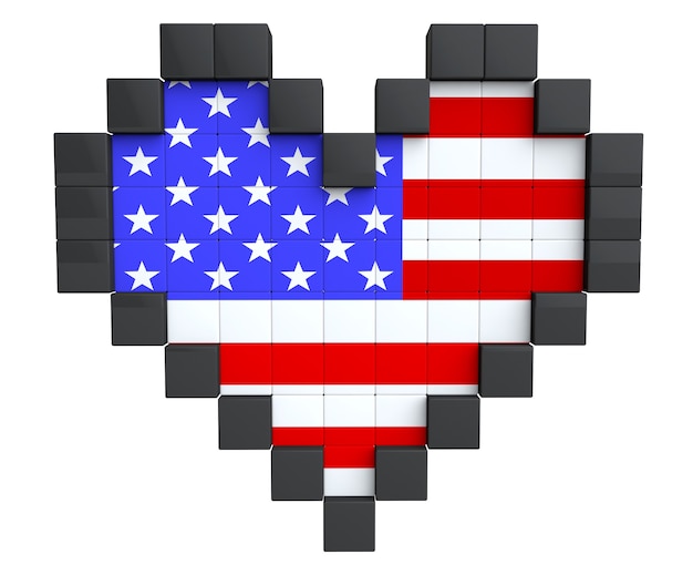 Пиксельное сердце как флаг США на белом фоне
