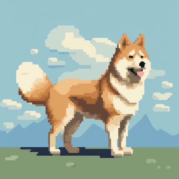 Pixel Illustration Of An Akita Dog In Epic Landscape Style