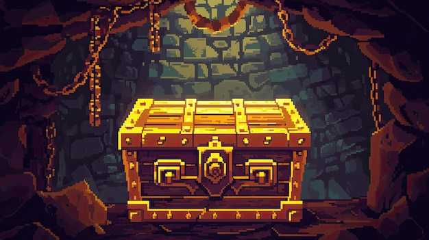 Pixel kist stijl munt draak meester sleutel kasteel fantasy sieraden kruis goud piraten schat computer RPG beloning kerker personagespel gegenereerd door AI