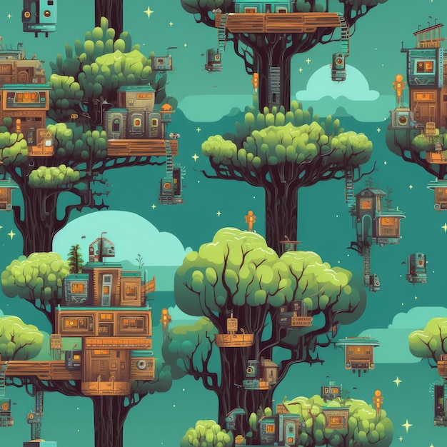 Photo pixel patterned robot treehouse