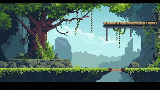 Foto pixel platformer stile vendite programmazione ostacolo movimento puzzle livello salto gioco computer console gameplay gamedev tastiera personaggio retro generato da ai