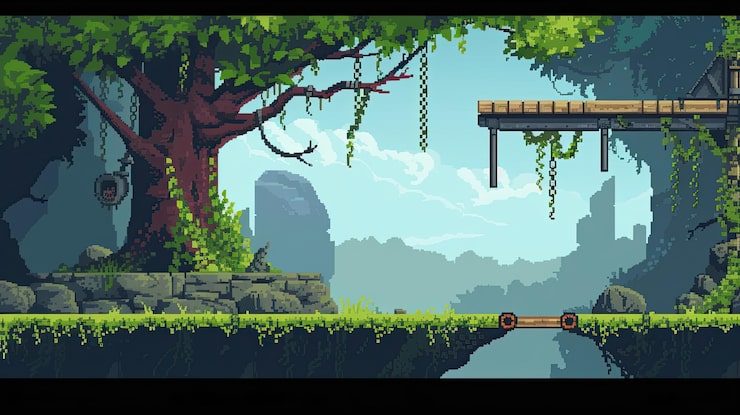 Photo pixel platformer style sales programming obstacle movement puzzle level jumping game computer console gameplay gamedev keyboard character retro generated by ai