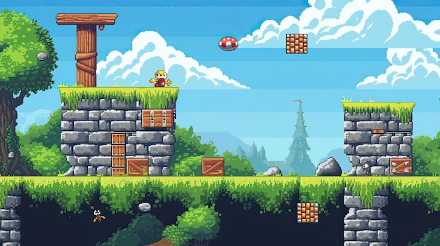 Foto pixel platformer stile vendite programmazione ostacolo movimento puzzle livello salto gioco computer console gameplay gamedev tastiera personaggio retro generato da ai