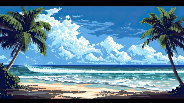 Pixel strand met palmbomen Stijl zand zee zonbruin ontspanning paraplu zwembroek warmte zomer water kiezels zonnebank gegenereerd door AI