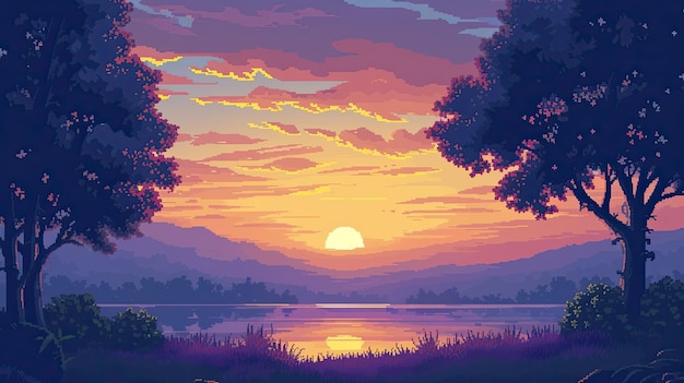 Pixel sunset Style trees sun dawn evening horizon night forest twilight beauty romance clouds sky landscape Generated by AI