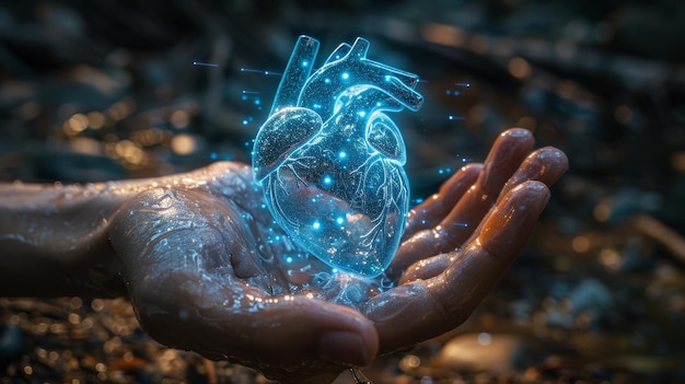 Pixel tech hart over de palm van online dokter Digitaal hologram van vorm hart over de handpalm van chirurg Moderne technologie van cardiologie Digitale geneeskunde