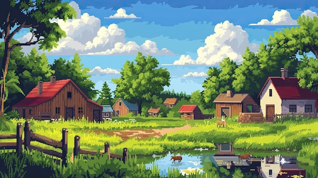 Pixel village Style chimney stove fence cow house vegetable garden milk hut farm summer farm wilderness field river nature tree fence farm Generated by AI