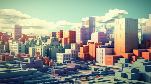 pixel voxel city landscape illustration background design 3d render modern futuristic pixel voxel city landscape ai generated