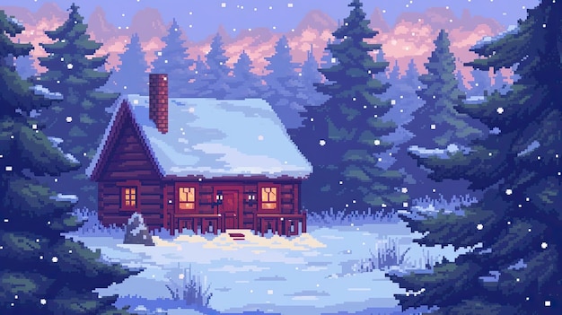 Pixel winter hut Style mittens blanket icicles snow fireplace comfort frost Christmas trees fur coat skis sleigh wintering warmth candles blanket hot tea snowfall Generated by AI