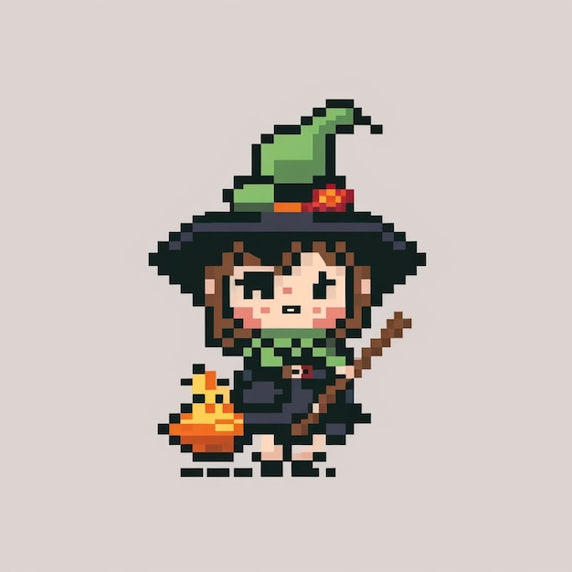 Photo pixel witch with a pumpkin and broom generative ai