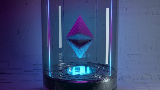 Pixelanimatie van Ethereum-muntsymboollogo in glazen capsule met neonverlichting. Ethereum munt 3d illustratie