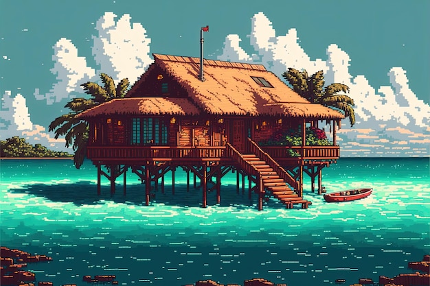 Pixelart-bungalow op het tropische resortlandschap van het paradijselijke eilandstrand voor 8-bits game AI