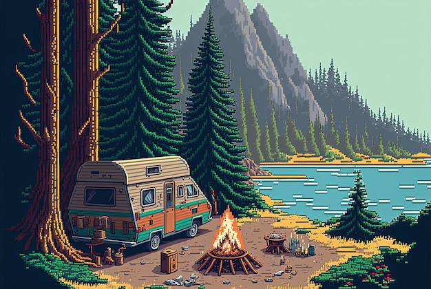 Pixelart kamperen in het bos camping met caravan en kampvuurlandschap 8 bit game AI