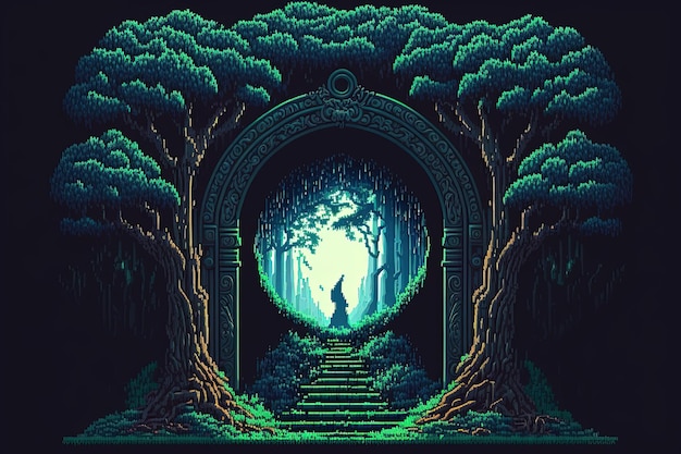 Pixelart magisch portaal in mystiek bosportaal naar fantasiedimensie-achtergrond voor 8-bits game AI